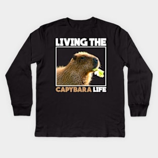 Living Capybara Life Funny Capybara Eating lettuce Kids Long Sleeve T-Shirt